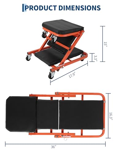 36 Inch 2-in-1 Foldable Z-Creeper Seat with Wheels, Rolling Mechanic Creeper Under Car, 330 LBS Weight Capacity Garage Shop Repair Stool with 6 Swivel Casters for Automotive Maintenance
