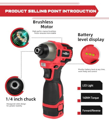 140Nm 17V Brushless Impact Screwdriver with 2 Batteries (Red) - color: Red, size: 17V Brushless Screwdriver