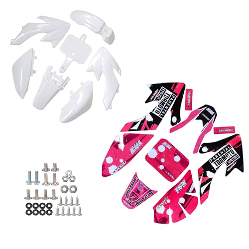 CRF50 Plastic Fairing and Pink Graphics Stickers Kit for compatible with XR50 CRF50 SDG SSR Pit Dirt Bike Motorcycle 50cc 90cc 110cc 125cc 140cc 150cc 160cc Plastic Panel Screw Set (White) - color: White