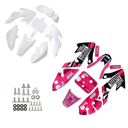 CRF50 Plastic Fairing and Pink Graphics Stickers Kit for compatible with XR50 CRF50 SDG SSR Pit Dirt Bike Motorcycle 50cc 90cc 110cc 125cc 140cc 150cc 160cc Plastic Panel Screw Set (White) - color: White