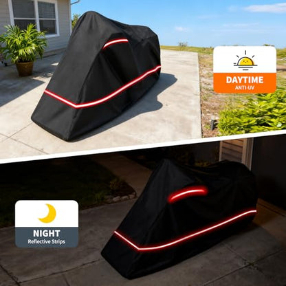 Full Enclosed Motorcycle Cover - Waterproof for Outdoor & Indoor Storage, 600D Heavy Duty with Reflective Strips, Fits Scooters & Touring Motorcycles up to Length 86.6" x 45" x 53"Black - size: 86.6"Lx 45"Wx 53"H
