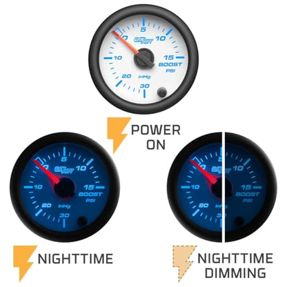 GlowShift White 7 Color 15 PSI Turbo Boost Vac Gauge Kit, 2-1/16" 52mm
