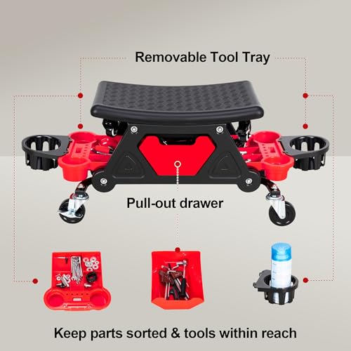 Frassie 2-in-1 Rolling Mechanic Stool Garage Creeper Seat with Modular Removable Cushion Tool Tray Heavy Duty 300 LBS Capacity for Auto Repair