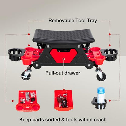Frassie 2-in-1 Rolling Mechanic Stool Garage Creeper Seat with Modular Removable Cushion Tool Tray Heavy Duty 300 LBS Capacity for Auto Repair