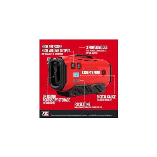 CRAFTSMAN V20 Tire Inflator Portable Air Compressor, Car Air Pump, 3 Modes Tire Pump: Cordless, 120V Corded, and 12V Car Adapter, Battery Sold Separately (CMCE520B)