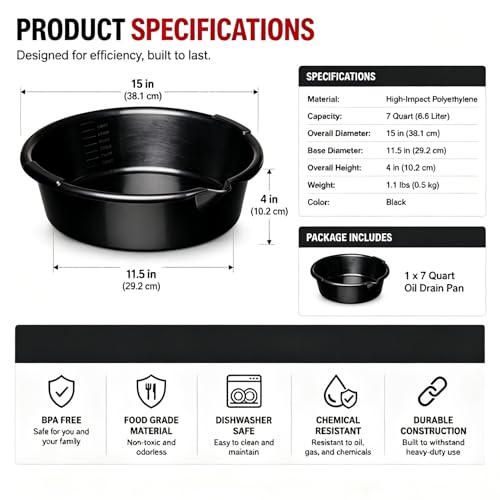 Oil Drain Pan, 7-Quart Black for Oil Change, Reusable Motorcycle and Automotive Engine Drip Tray with Built-in Scale and Spout