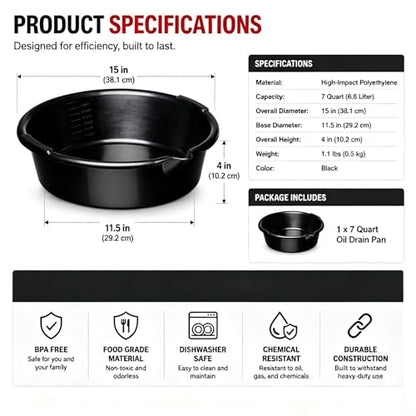 Oil Drain Pan, 7-Quart Black for Oil Change, Reusable Motorcycle and Automotive Engine Drip Tray with Built-in Scale and Spout