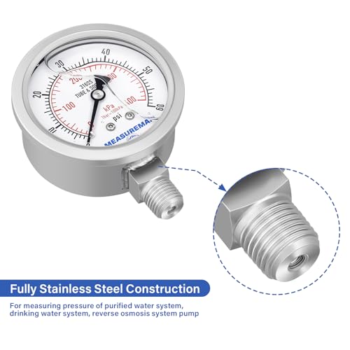 MEASUREMAN Fully Stainless Steel Hydraulic Glycerin Filled Pressure Gauge, 2-1/2" Dial Size, 1/4" NPT Lower Mount, 0-60psi/kpa - size: 0-60 psi, style: Lower Mount(100% Stainless Steel)