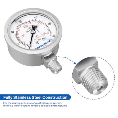 MEASUREMAN Fully Stainless Steel Hydraulic Glycerin Filled Pressure Gauge, 2-1/2" Dial Size, 1/4" NPT Lower Mount, 0-60psi/kpa - size: 0-60 psi, style: Lower Mount(100% Stainless Steel)