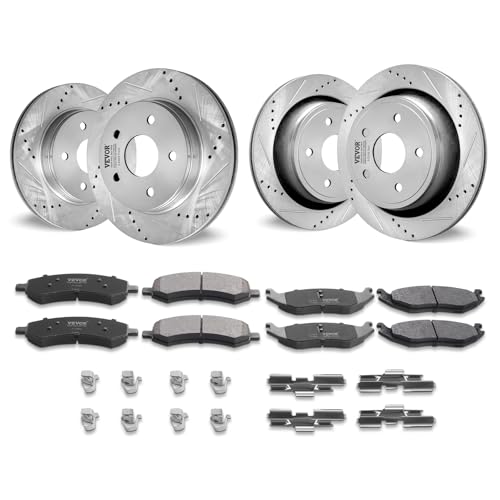 VEVOR Front and Rear Brake Kit for 06-2018 Dodge Ram 1500, 07-2009 Dodge Durango Chrysler Aspen, Drilled and Slotted Brake Rotors Ceramic Brake Pads Replacement, 13.2" Front Rotors 13.9" Rear Rotors - size: S-53005 + S-53006