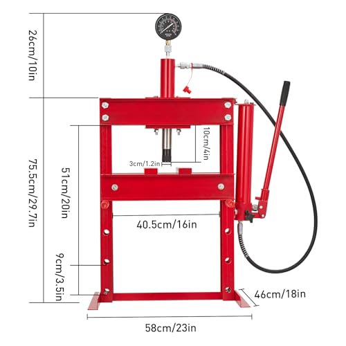Hydraulic Press, 10 Ton Heavy Duty h-Frame Garage Floor Shop Press with Plates & Adjustable Table Height for Bending, Straightening, Installing Bearings & u-Joints