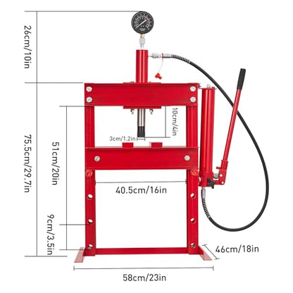 Hydraulic Press, 10 Ton Heavy Duty h-Frame Garage Floor Shop Press with Plates & Adjustable Table Height for Bending, Straightening, Installing Bearings & u-Joints