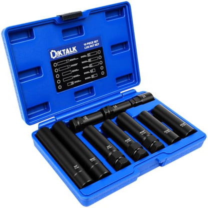 10PCS Spline Lug Nut Socket Set, Wheel Lock Removal Kit & Master Key for 5/6/7/12 Spline Locking Nuts with SAE 19mm Hex Deep Socket, Cr-Mo Steel - size: 10PCS Spline Lug Nut Socket Set