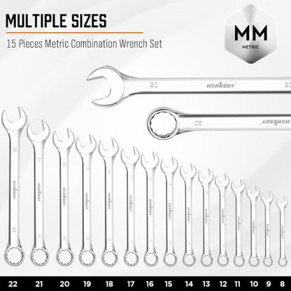 HORUSDY 15-Piece Metric Wrench Sets, Premium Combination Wrench Set Metric 8-22mm, Max Torque, 12-Point, Chrome Vanadium Steel, with Storage Rack - style: 15-Piece Metric Wrench Set