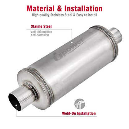 Upower 2.5" Inlet Universal Resonator, 6" x 14" Body 20" Whole Length Diesel Exhaust Muffler - Straight Through Stainless Steel TBM2616 Welded On Resonator Muffler