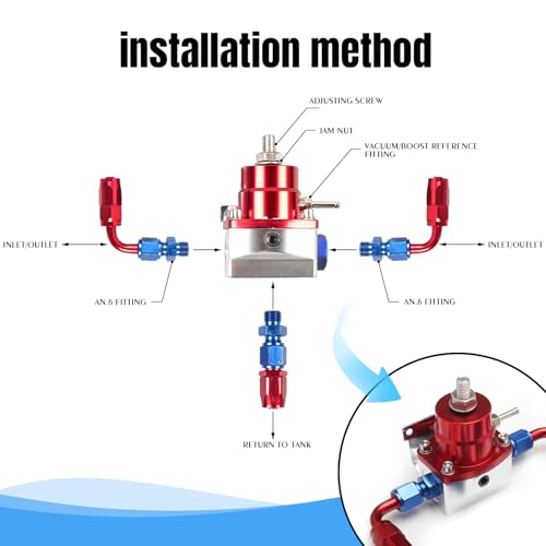 EFI Fuel Pressure Regulator Kit 0-100psi with Gauge 6AN Fuel Line Fitting Universal Adjustable Aluminum (Blue+Red) - color: Blue&Red