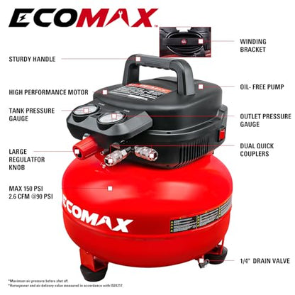 ECOMAX 6 Gallon Pancake Air Compressor 150PSI, 2.6 CFM @ 90 PSI Red