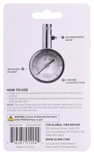 Slime 20049 Tire Pressure Gauge, Large Face Dial Analogue Gauge, 5-60 PSI