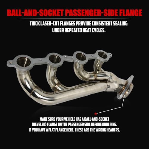 Exhaust Headers 2002–2013 Silverado Sierra Suburban Tahoe Yukon Escalade 4.8L 5.3L 6.0L 6.2L V8 LS Style Engines 304 Stainless Steel Right Side Beveled Flange - size: Bolt On Headers 02-13 Silverado Sierra Tahoe