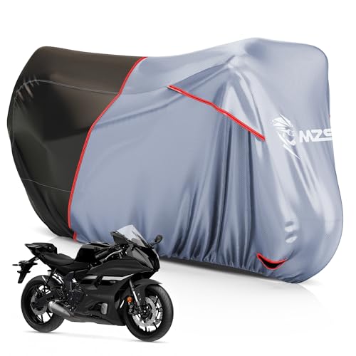 MZS Motorcycle Cover Waterproof Outdoor, Heavy Duty All Season Weather Sun Protection with Storage Bag Vents Night Reflective Cotton Lining Lock Holes fits up to 86" Motorbikes Vehicle Covers - size: Large 86 inches