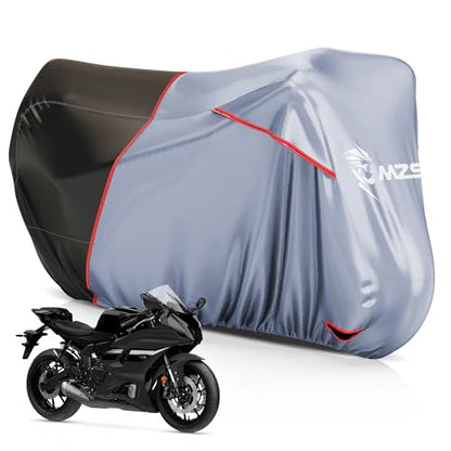MZS Motorcycle Cover Waterproof Outdoor, Heavy Duty All Season Weather Sun Protection with Storage Bag Vents Night Reflective Cotton Lining Lock Holes fits up to 86" Motorbikes Vehicle Covers - size: Large 86 inches