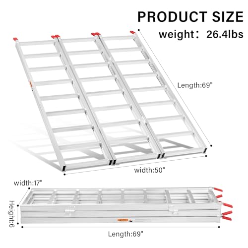 69"X50" Tri-Fold Aluminum ATV Mower Truck Loading Ramp,1500 lb Capacity