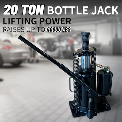 20 Ton Low Profile Air Hydraulic Bottle Jack with Air-Powered or Manual Operation, One-Piece Hydraulic Cylinder Design, Air Bottle Jack with Independent Air Pump Body and Carry Handle - color: Black, size: 20 Ton