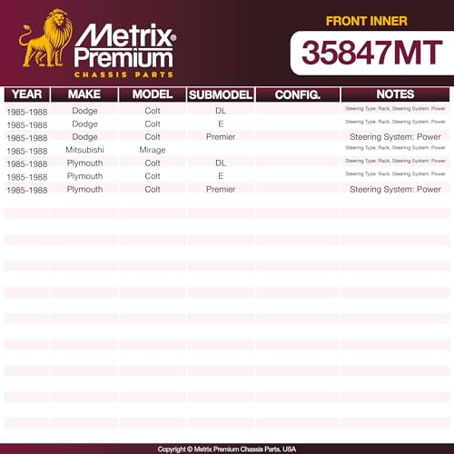 Metrix Premium Chassis Parts Inner Tie Rod End Fits Dodge Colt 1985-1988 - size: EV196