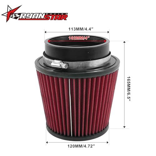 RYANSTAR RACING 102mm 4in Dry Cone Air Filter High Flow Red Washable - size: 4"