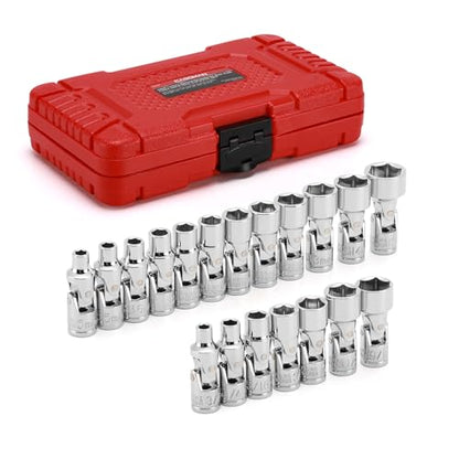 CASOMAN 19PCS 1/4" Drive Universal Joint Socket Set, Metric(5mm to 15mm) & SAE(3/16" to 9/16"), Flexible Wobble Sockets for Easier Access to Tight Spaces, 6-Point, Cr-V - size: 1/4"Dr. Metric & SAE