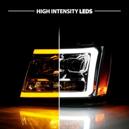 AmeriLite for 2007-2013 Chevy Avalanche/Suburban/Tahoe Switchback LED Turn Siganl Tube Chrome Projector Headlights Assembly Pair - Passenger and Driver Side - color: Chrome Projector Switchback LED Bar