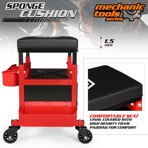 M-AUTO Mechanic Stool Garage Rolling Tool Chest Seat w/Drawer & Tray, 350LBS Capacity Multi-Function Adjustable Height Mechanic Creeper Seat for Projects Inside The Garage and Workshop, Red - size: 16"