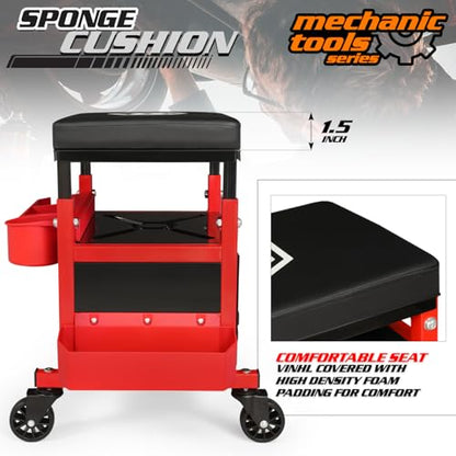 M-AUTO Mechanic Stool Garage Rolling Tool Chest Seat w/Drawer & Tray, 350LBS Capacity Multi-Function Adjustable Height Mechanic Creeper Seat for Projects Inside The Garage and Workshop, Red - size: 16"
