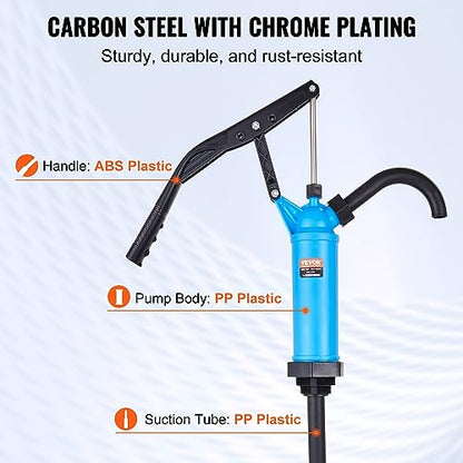 VEVOR Drum Pump, 9.5 oz. Per Stroke, Lever-Action Barrel Pump, Fits 5-55 Gallon Drums with 3-Section Suction Tube Assembly & Hose, Hand Operated, Designed to Transfer Water, Alcohol, Corrosive Liquids