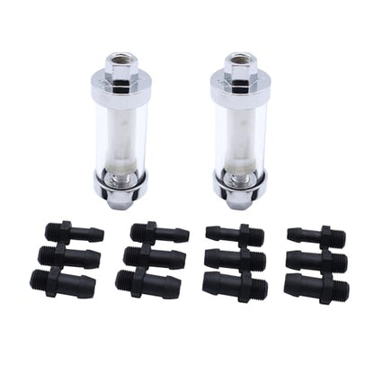 2 Set Universal 3/8" 1/4" 5/16" Fittings Inline Fuel Filters Chrome Glass Reusable Washable Inline Fuel Filter Fits for Motorcycle Car Caravan Boat Lawn Mower