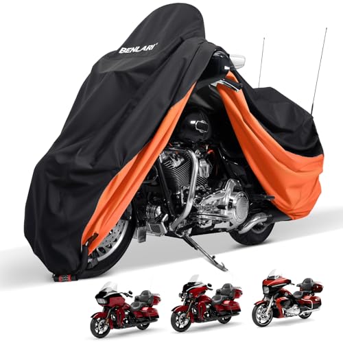 Benlari Waterproof Motorcycle Cover with Side Top Box Compatible with Harley Davidson Touring Ultra Limited Street Glide Road Glide Electra Glide Honda Outdoor All Weather Protection, 116" x 47" x 53" - size: XL(116" x 47" x 53"), style: Touring Ultra
