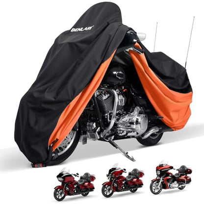 Benlari Waterproof Motorcycle Cover with Side Top Box Compatible with Harley Davidson Touring Ultra Limited Street Glide Road Glide Electra Glide Honda Outdoor All Weather Protection, 116" x 47" x 53" - size: XL(116" x 47" x 53"), style: Touring Ultra