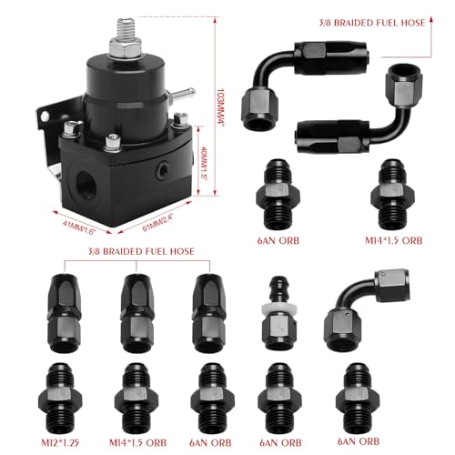 EFI Fuel Pressure Regulator Kit 0-100psi with Gauge 6AN Fuel Line Fitting Universal Adjustable Aluminum (Black) - color: black