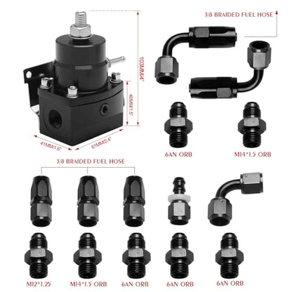 EFI Fuel Pressure Regulator Kit 0-100psi with Gauge 6AN Fuel Line Fitting Universal Adjustable Aluminum (Black) - color: black