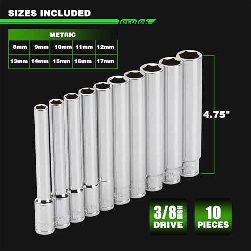 TecoTek 10PCS 3/8-Inch Drive Extra Deep Metric Socket Set, 6 Point, 8mm to 17mm, No Skipped Sizes, 120MM Deep CR-V Socket for Automotive and Industrial Applications