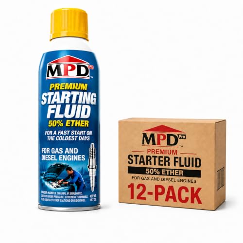 MPD Pro Starter Starting Fluid Spray – Premium 50% Ether Formula for Fast Cold Starts – Works to -65°F – Gas & Diesel Engines – Upper Cylinder Lubrication – 10.7 oz – (12-Pack) - size: 12-Pack