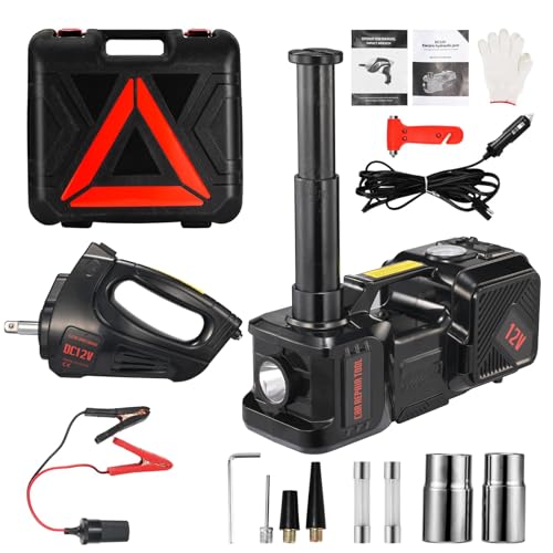 Electric Car Jack kit 5 Ton 12V Electric Floor Jack Lift for Vehicle, Electric Hydraulic Jack Auto Repair Tool Set with Built-in Inflator and Impact Wrench for SUV Sedan Truck Tire Change - color: Black