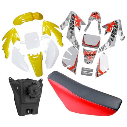 CRF50 Plastic Kit XR50 Plastic Fender Kit with Graphics Sticker Decals Kit & Red Seat & Fuel Tank For CRF 50 XR 50 SDG SSR 107 110 125 Pit Dirt Bike Motorcycle (Yellow) - color: Yellow