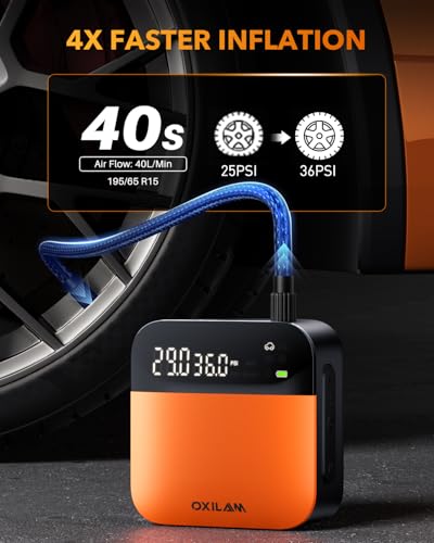 OXILAM C2 Tire Inflator Portable Air Compressor - 150PSI 4X Faster Air Pump for Car Tires with Tire Pressure Gauge, 12V Car Power Adapter, For Cars, Motorcycles, Bikes, Balls and More