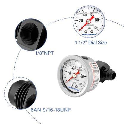 MEASUREMAN 0-100Psi Stainless Steel Glycerin Filled Fuel Pressure Gauge, 1-1/2" Dial Size, with 6AN Fuel Pressure Take Off Fitting Adapter Aluminum, 1/8" NPT Center Back Mount - size: 0-100 psi, style: Back Mount 6AN Adapter