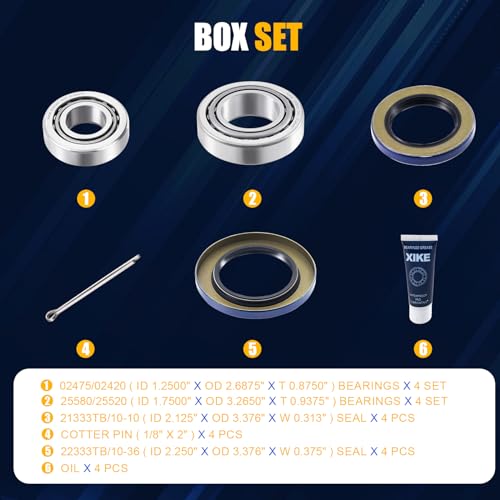 XiKe 4 Sets Boat Trailer Wheel Bearings 25580/25520 & 02475/02420 - size: 25580/20 ＆ 02475/20 + Seal ID 2.125'' ＆ 2.250'', style: Pack 4 Set