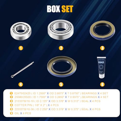 XiKe 4 Sets Boat Trailer Wheel Bearings 25580/25520 & 02475/02420 - size: 25580/20 ＆ 02475/20 + Seal ID 2.125'' ＆ 2.250'', style: Pack 4 Set