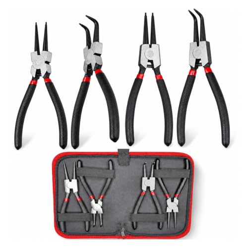 7” Snap Ring Pliers Set 4PC, Internal/External Circlip Pliers with Straight+Bent Jaws, Heavy Duty C Clamp Pliers & C Clip Removal Tool for Automotive Tools Professional Mechanics
