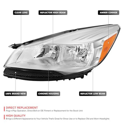 DNA MOTORING Headlight Assembly Compatible With 2013-2016 Ford Escape, Driver & Passenger Side, Chrome/Amber, HL-OH-FESC13-CH-AM - color: Chrome amber