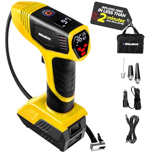 Bullseye Pro Tire Inflator Portable Air Compressor, Car Tire Inflator Portable, Portable Air Pump for Car Tires - 150PSI, 12V DC 1500 mAhs with Tire Pressure Gauge, Rechargeable As Seen On TV(Yellow) - color: Yellow